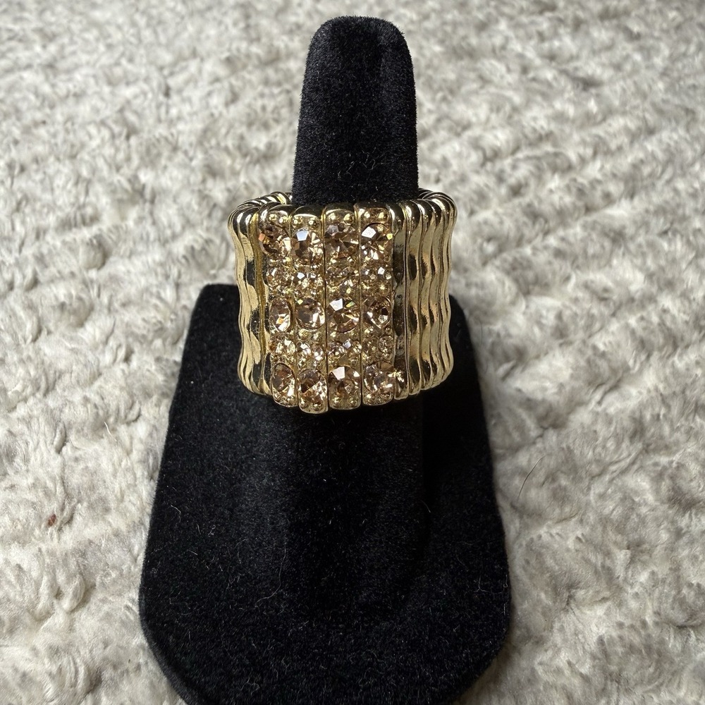 Gold Tone Amber Crystal Stretch Ring Chunky Big Costume Jewelry